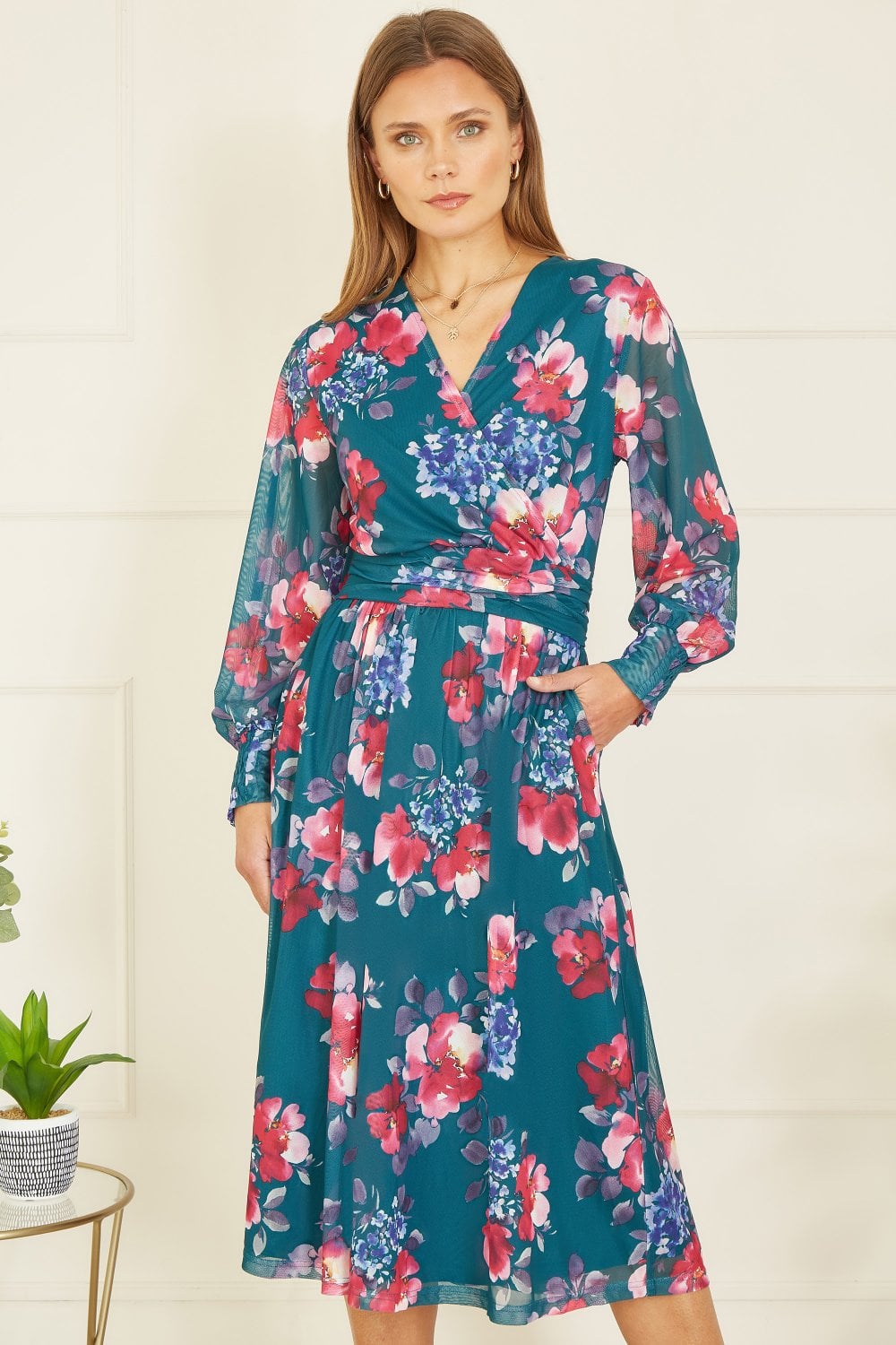 Yumi Green Floral Print Stretch Mesh Dress With Pockets Yumi