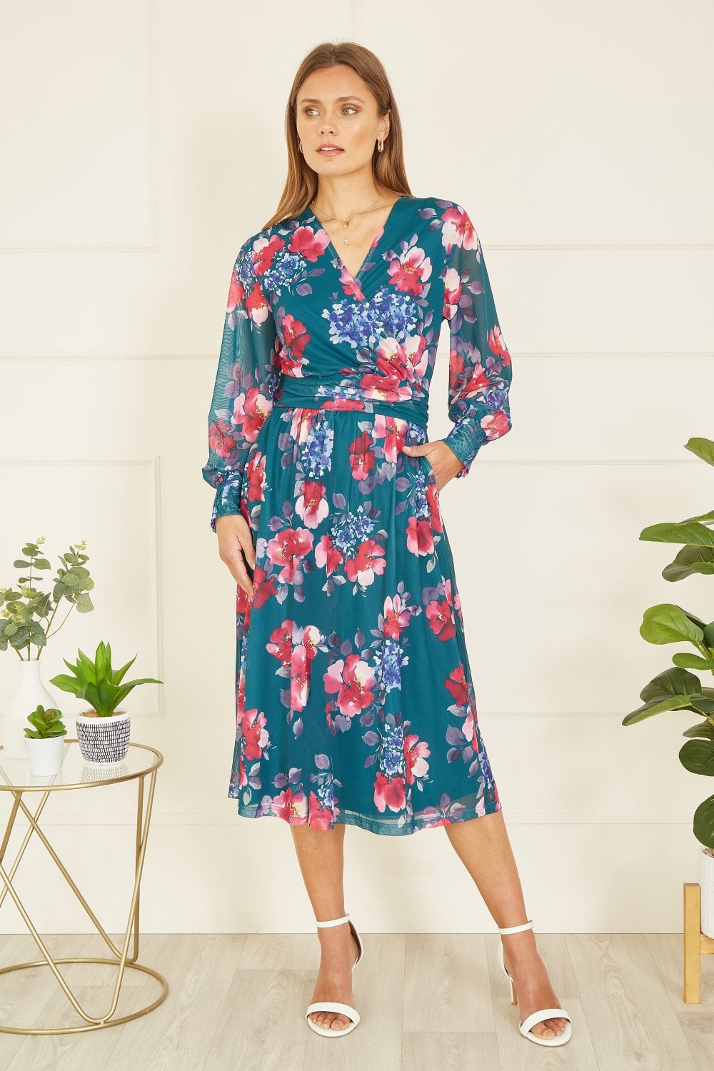 Yumi Green Floral Print Stretch Mesh Dress With Pockets Yumi