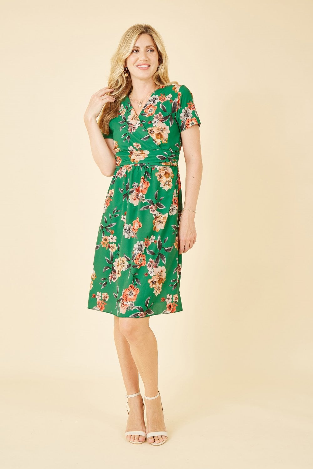 Yumi Green Floral Ruched Waist Dress Yumi