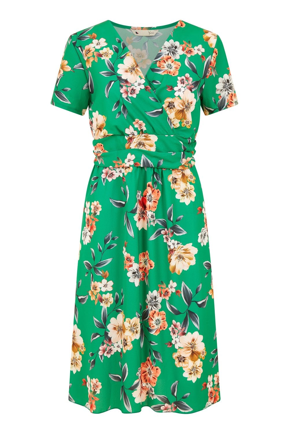 Yumi Green Floral Ruched Waist Dress Yumi