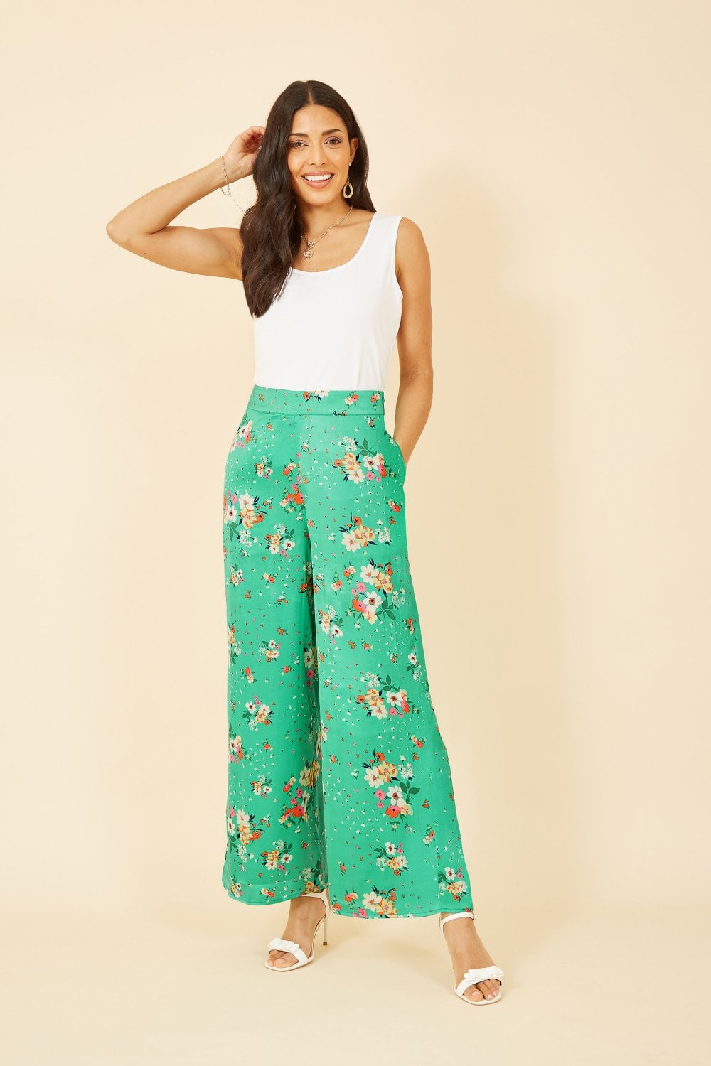 Yumi Green Floral Satin Wide Leg Trousers Yumi