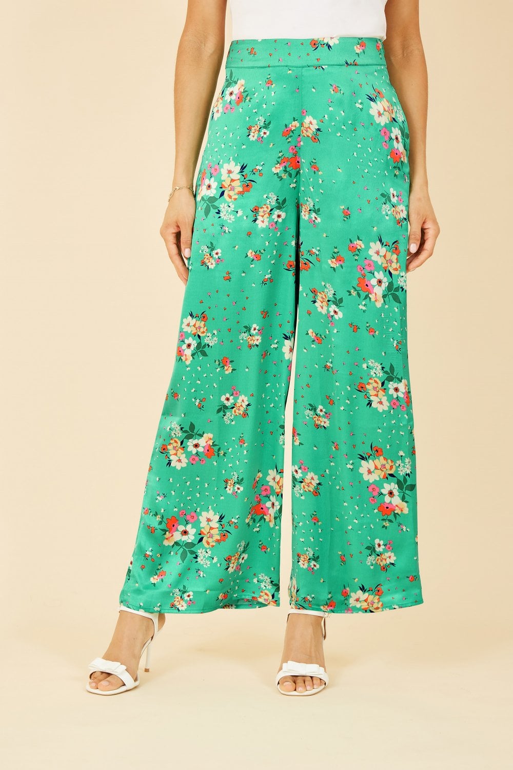 Yumi Green Floral Satin Wide Leg Trousers Yumi