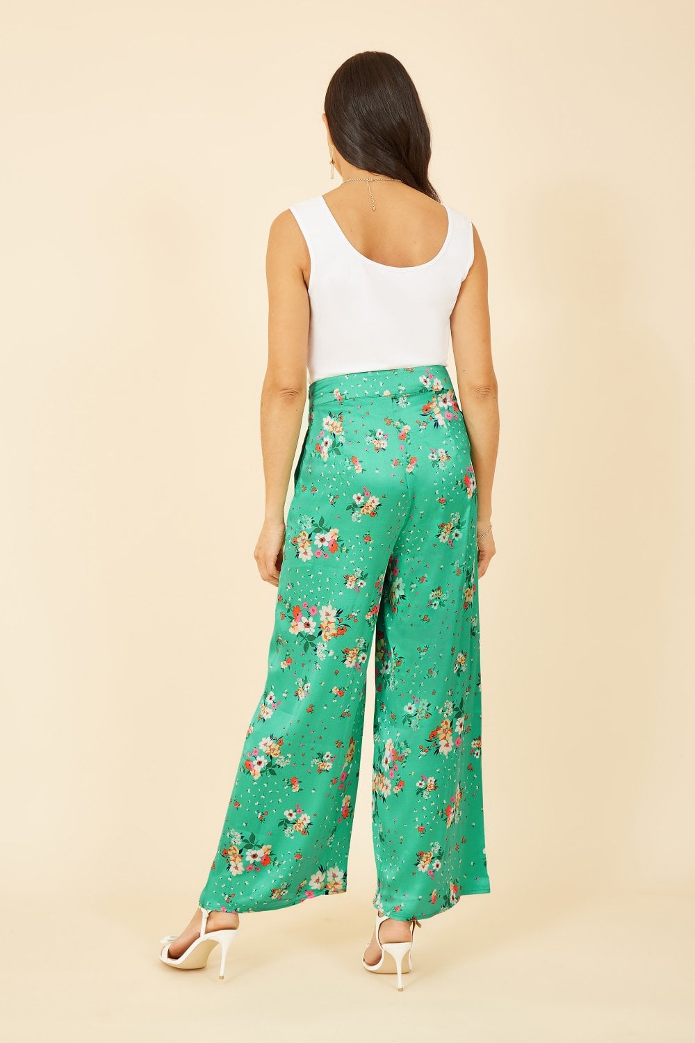 Yumi Green Floral Satin Wide Leg Trousers Yumi