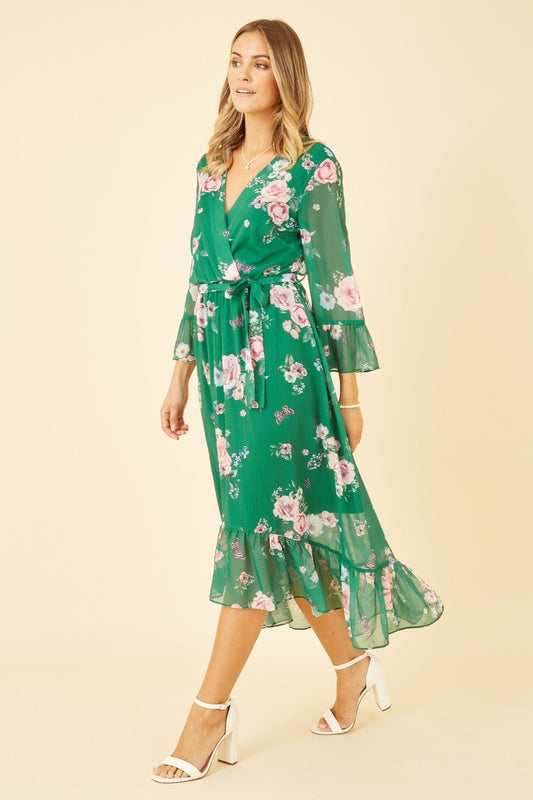 Yumi Green Floral Wrap Dress With Dipped Hem Yumi