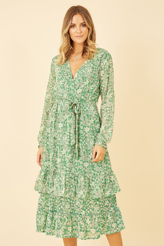 Yumi Green Floral Wrap Long Sleeve Tiered Midi Dress Yumi