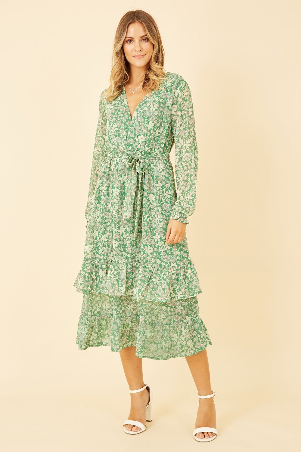 Yumi Green Floral Wrap Long Sleeve Tiered Midi Dress Yumi