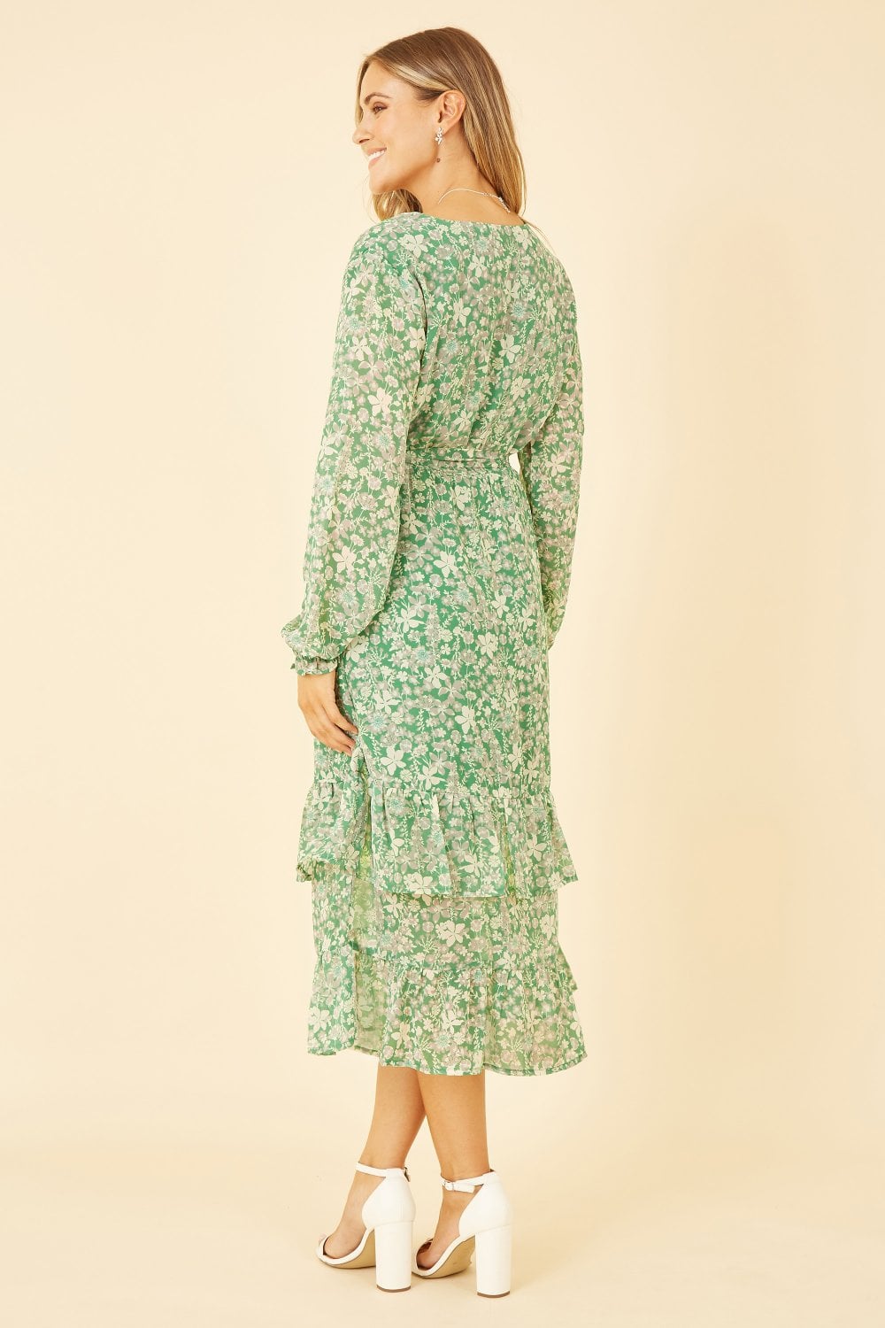 Yumi Green Floral Wrap Long Sleeve Tiered Midi Dress Yumi