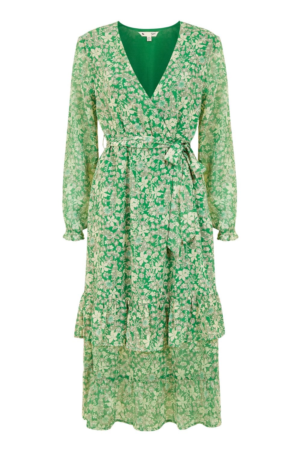 Yumi Green Floral Wrap Long Sleeve Tiered Midi Dress Yumi