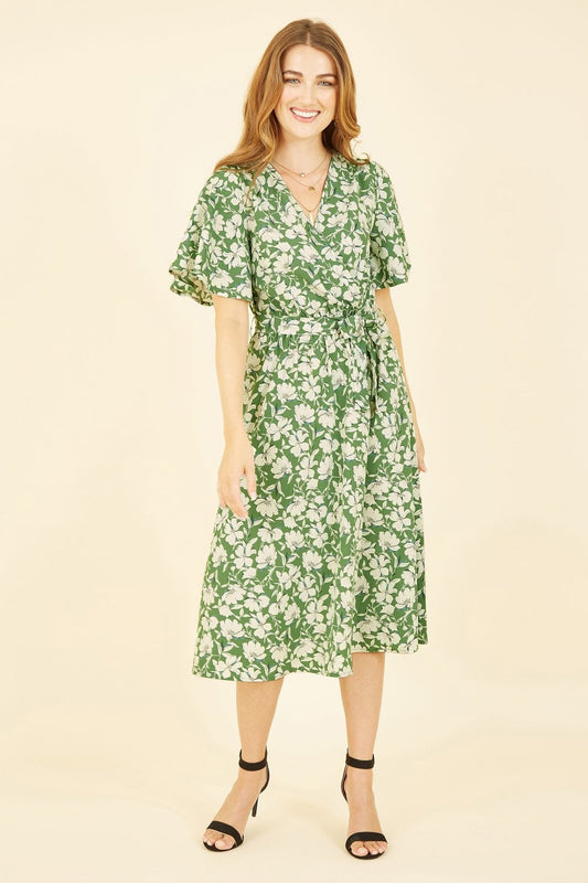 Yumi Green Floral Wrap Midi Dress Yumi