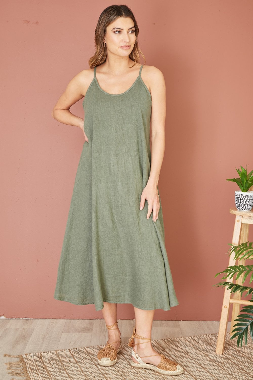 Yumi Green Italian Linen Relaxed Fit Midi Sundress Yumi