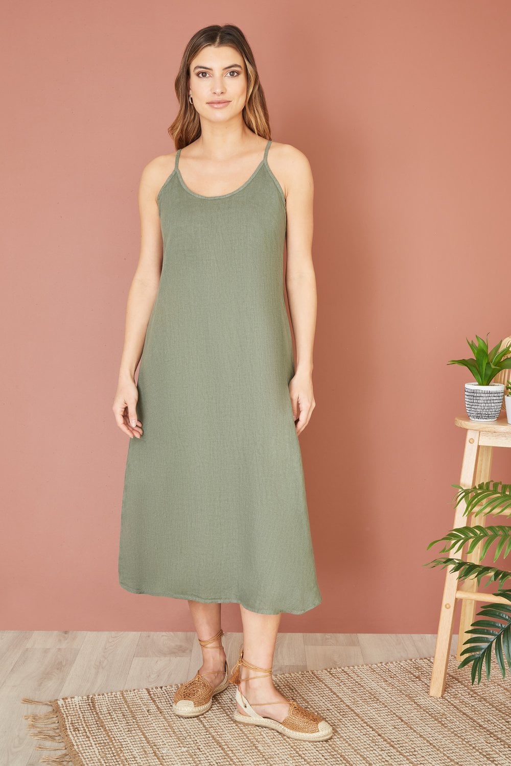 Yumi Green Italian Linen Relaxed Fit Midi Sundress Yumi