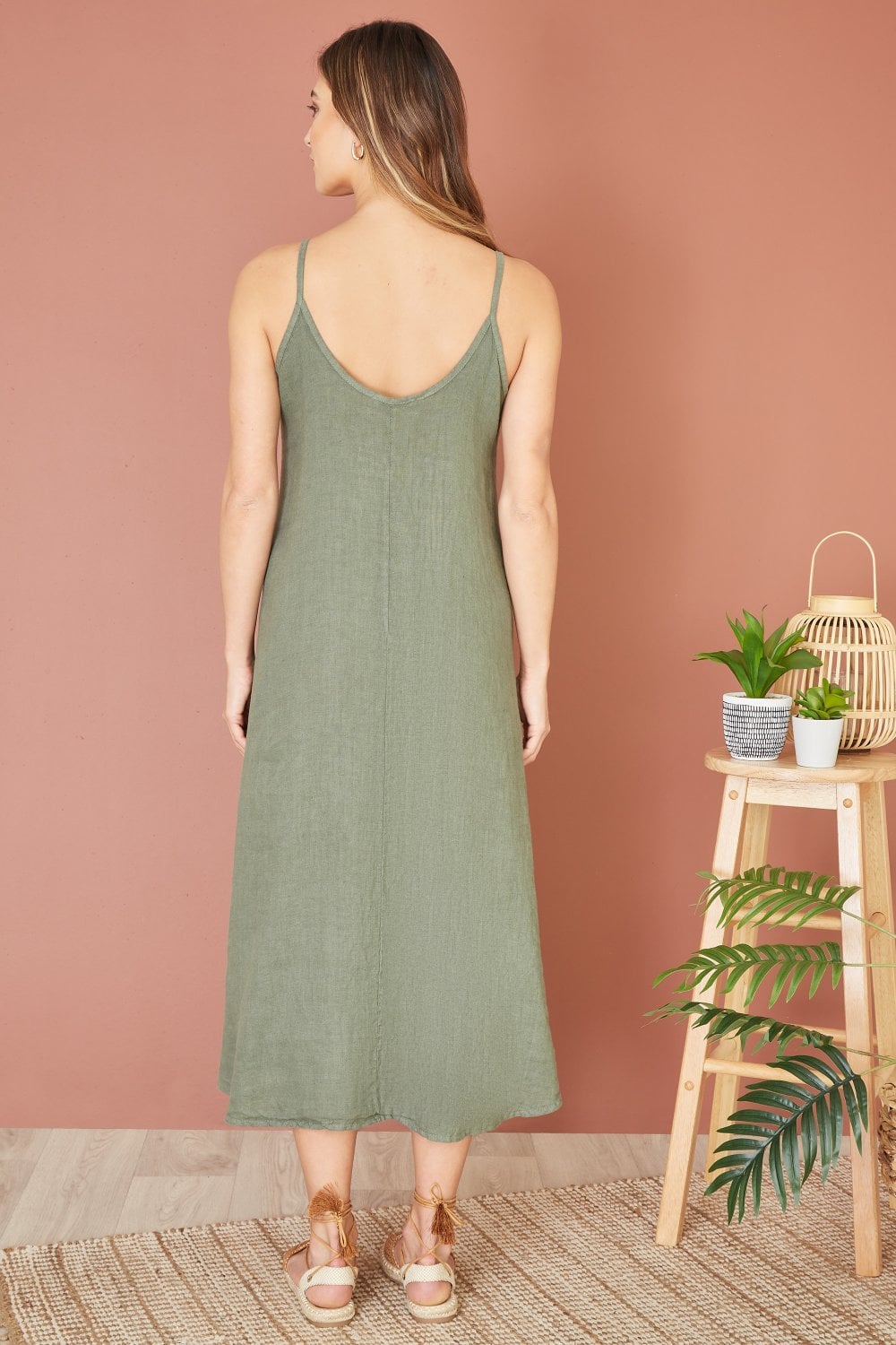 Yumi Green Italian Linen Relaxed Fit Midi Sundress Yumi