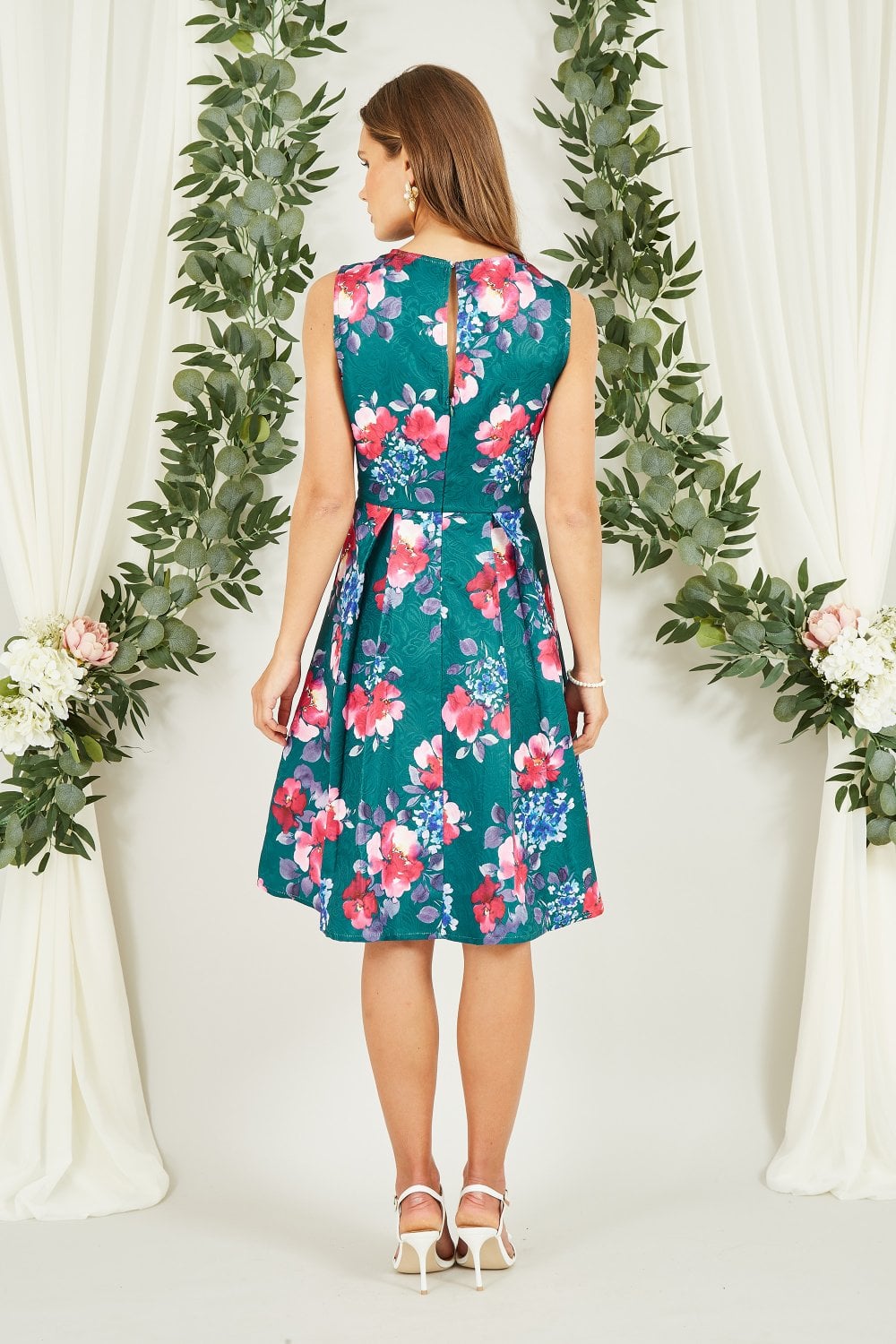 Yumi Green Jacquard Winter Floral Skater Dress Yumi