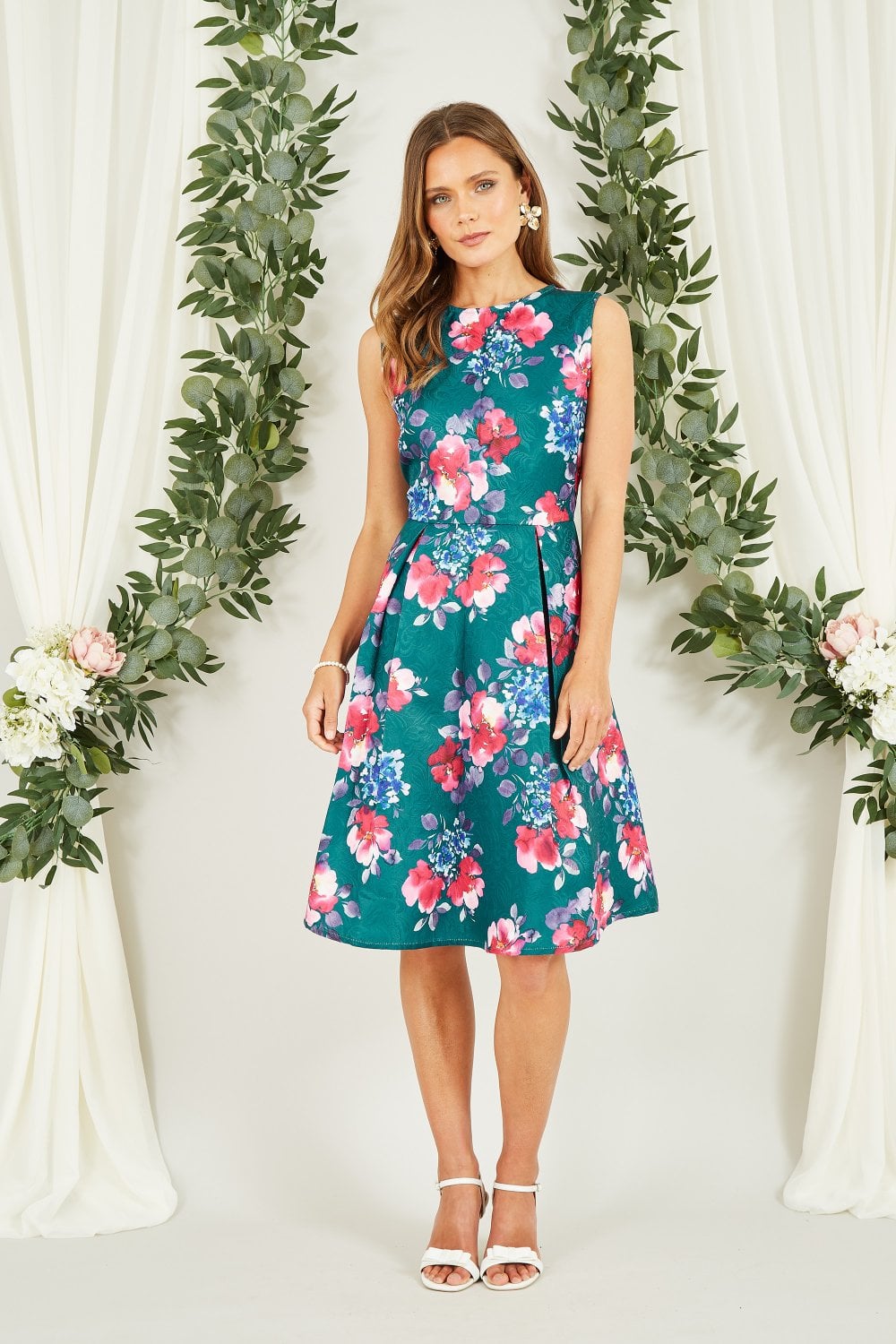 Yumi Green Jacquard Winter Floral Skater Dress Yumi