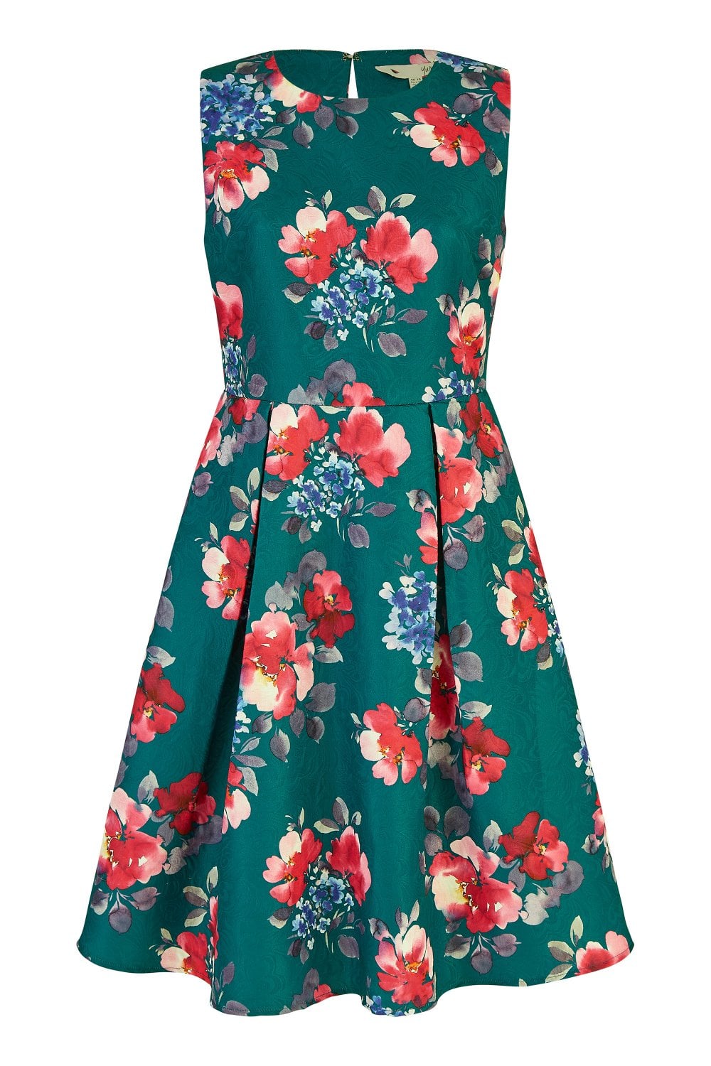 Yumi Green Jacquard Winter Floral Skater Dress Yumi