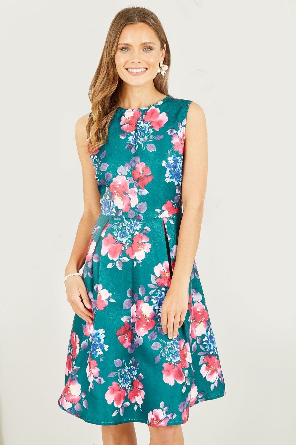 Yumi Green Jacquard Winter Floral Skater Dress Yumi