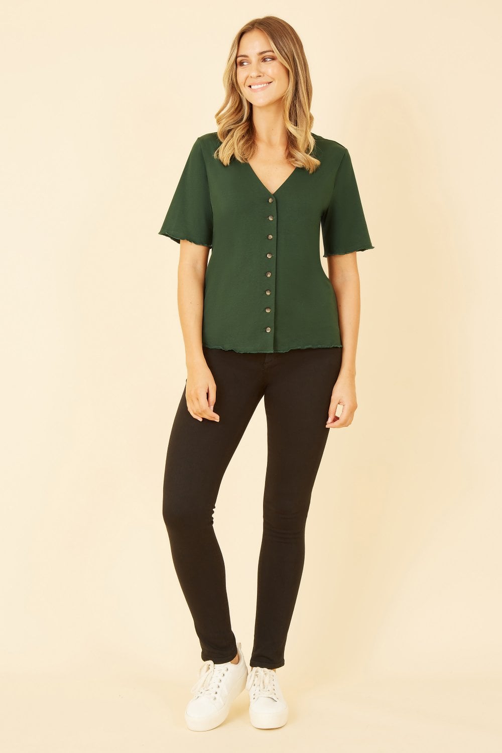 Yumi Green Jersey Button Detail T-Shirt Yumi