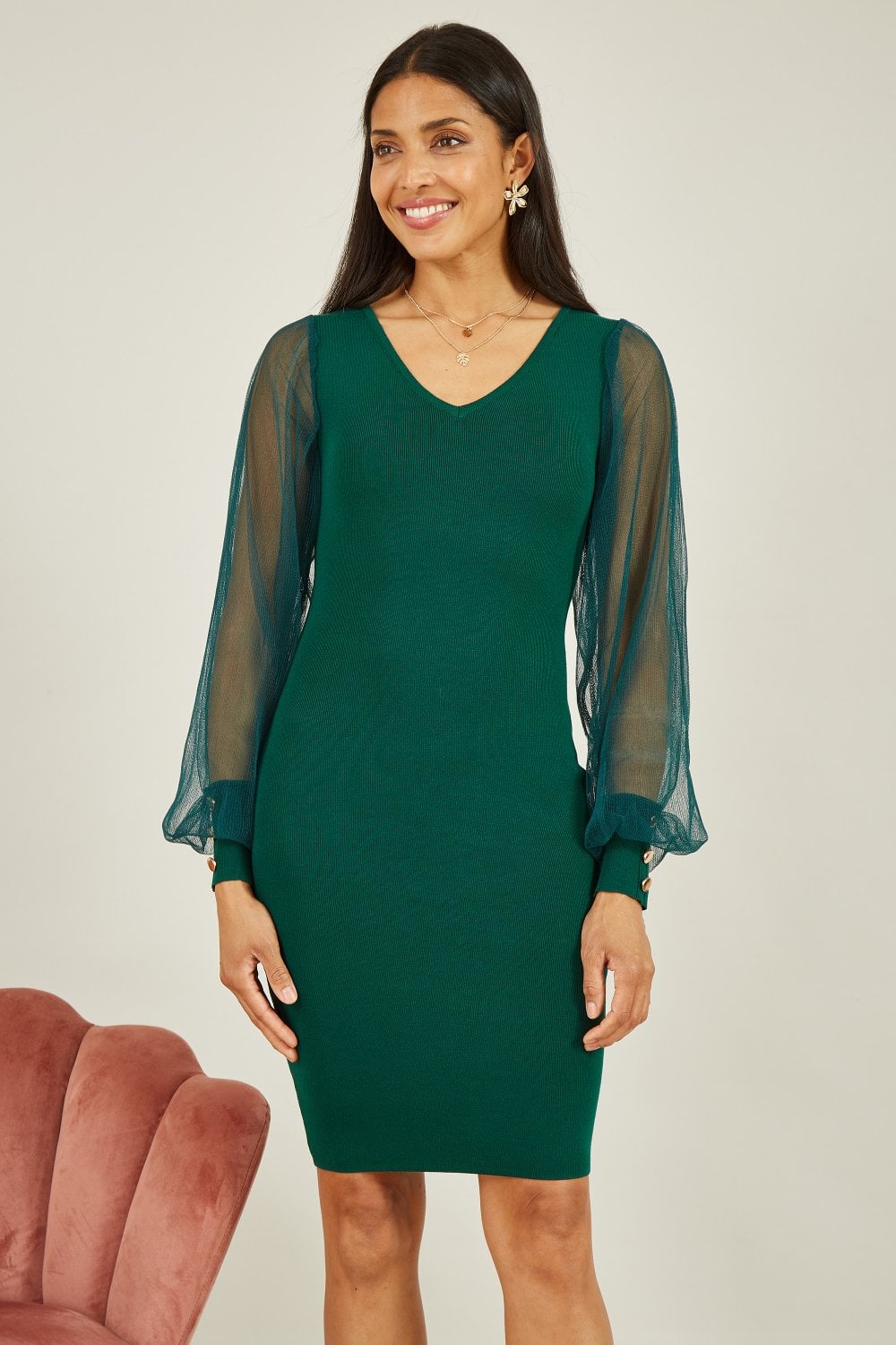 Yumi Green Knitted Body Con Dress With Chiffon Sleeve Yumi