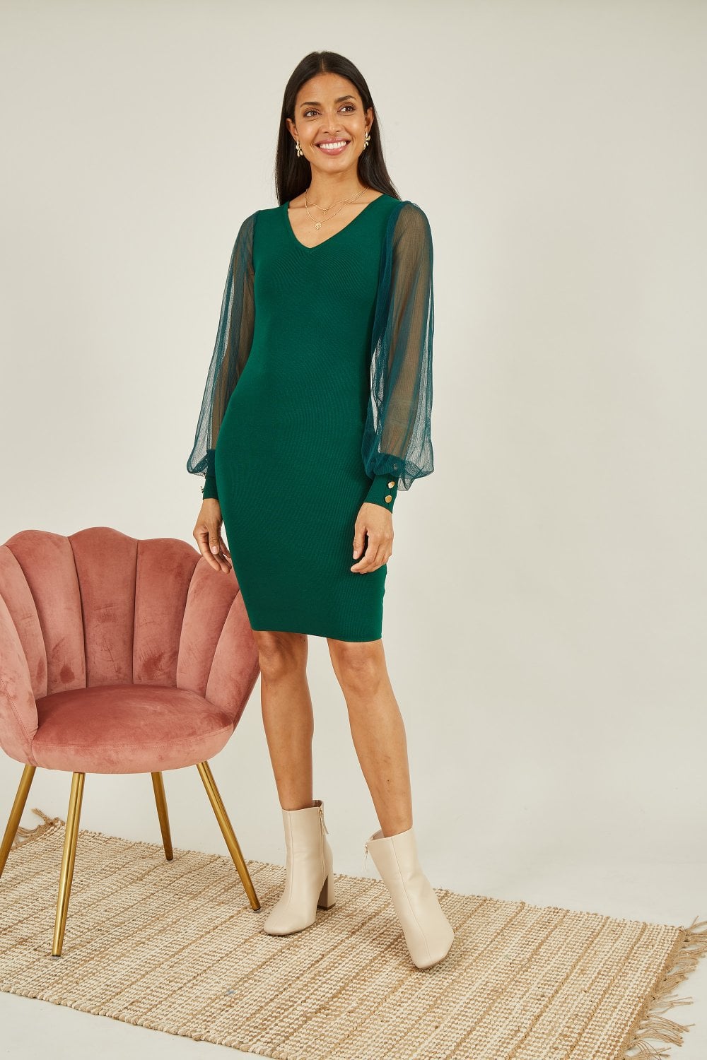 Yumi Green Knitted Body Con Dress With Chiffon Sleeve Yumi