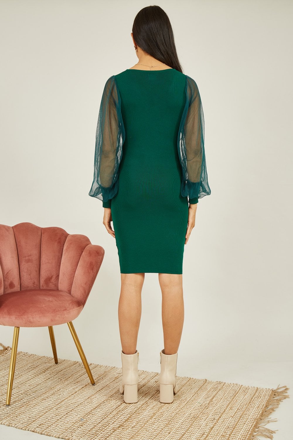 Yumi Green Knitted Body Con Dress With Chiffon Sleeve Yumi