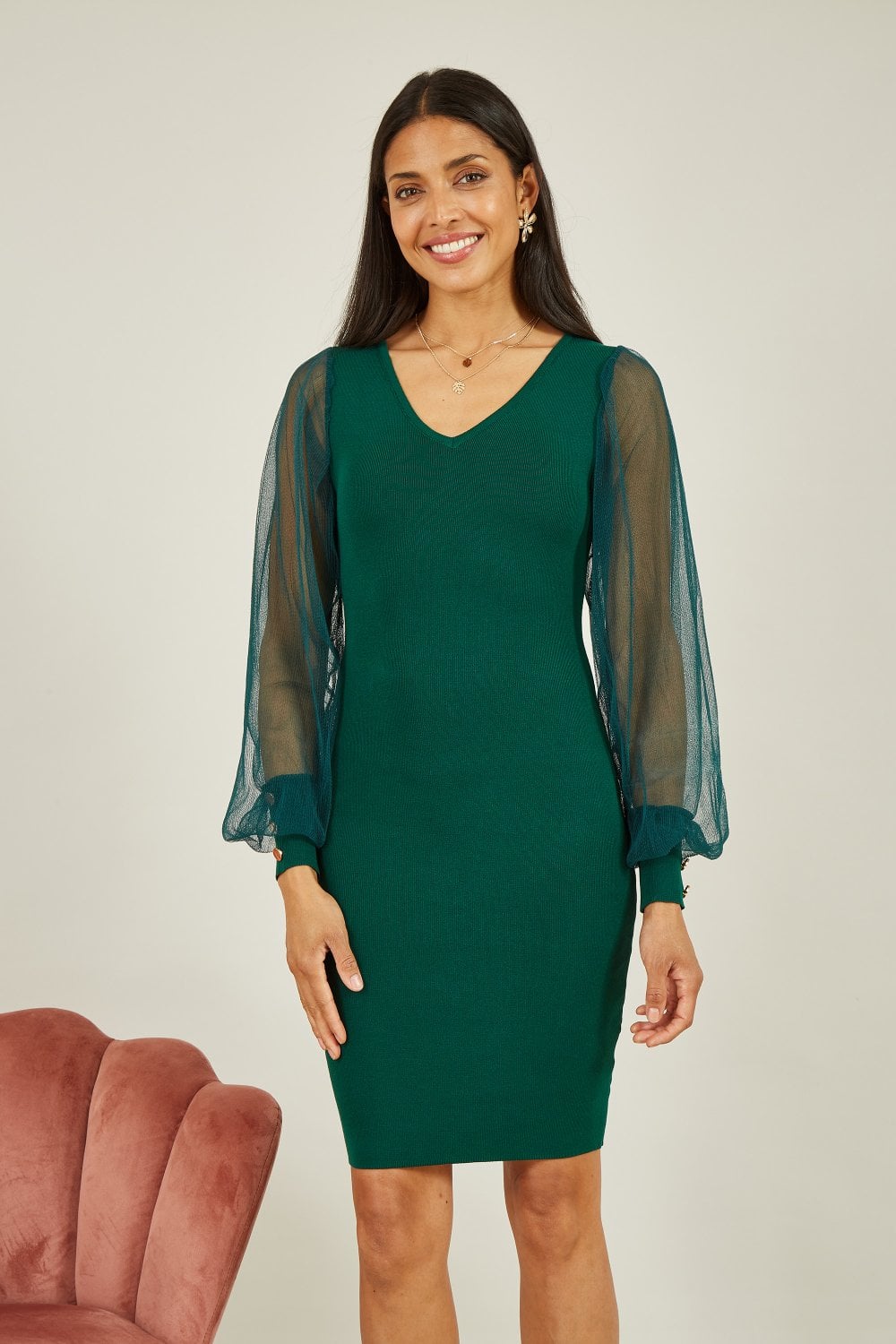 Yumi Green Knitted Body Con Dress With Chiffon Sleeve Yumi