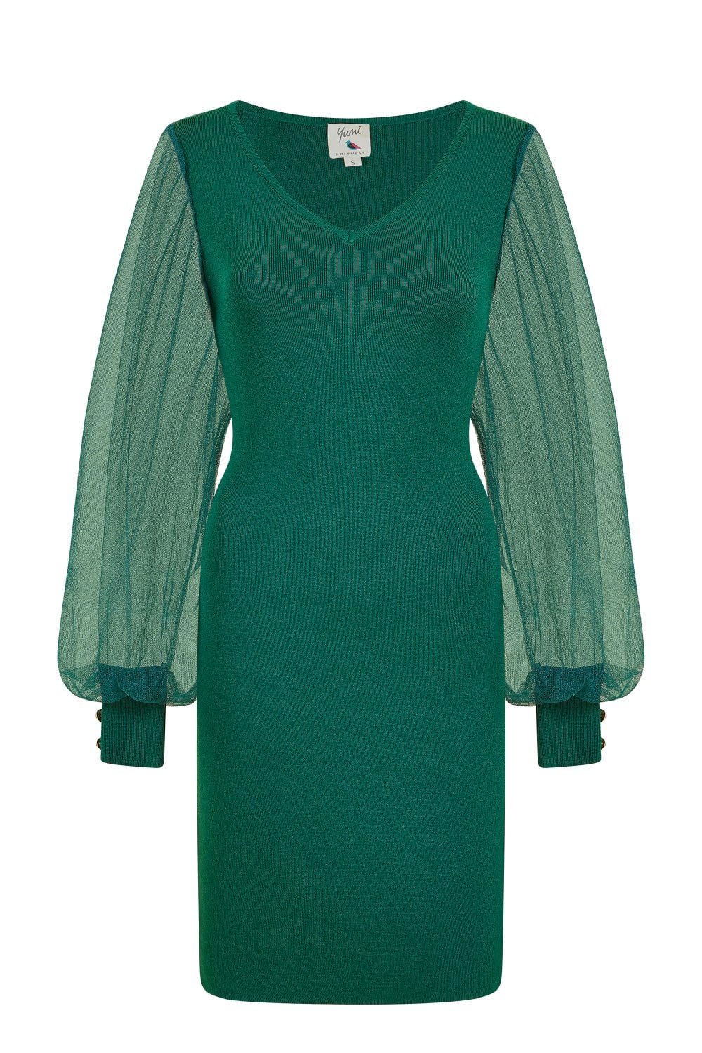 Yumi Green Knitted Body Con Dress With Chiffon Sleeve Yumi