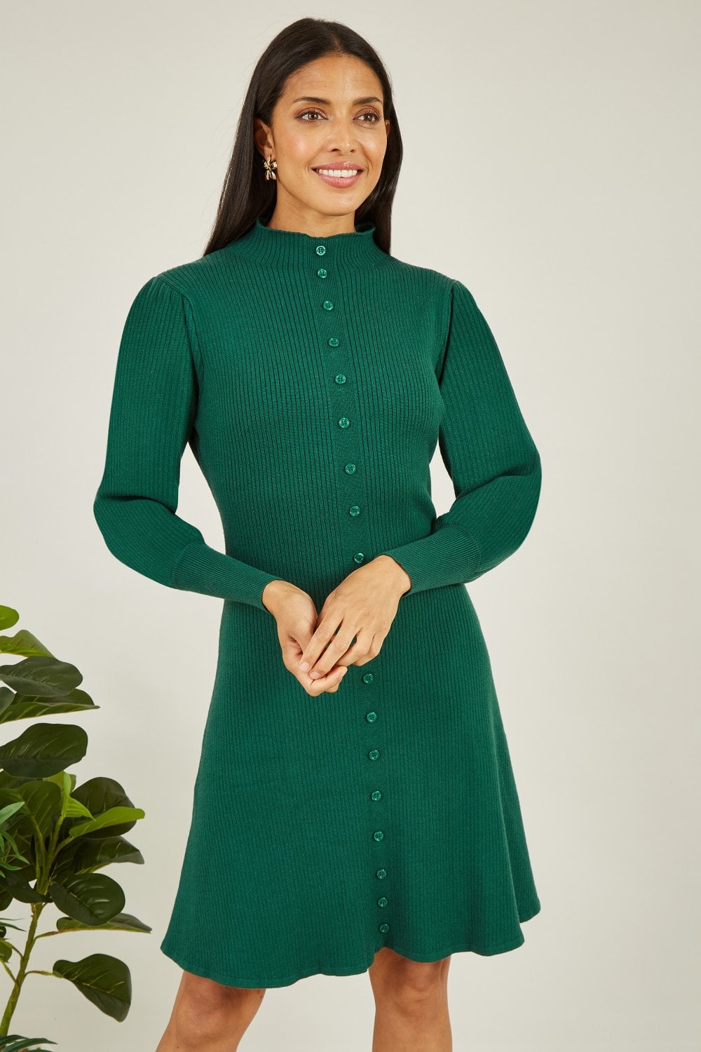 Yumi Green Knitted Button Up Midi Dress With Balloon Sleeves Yumi