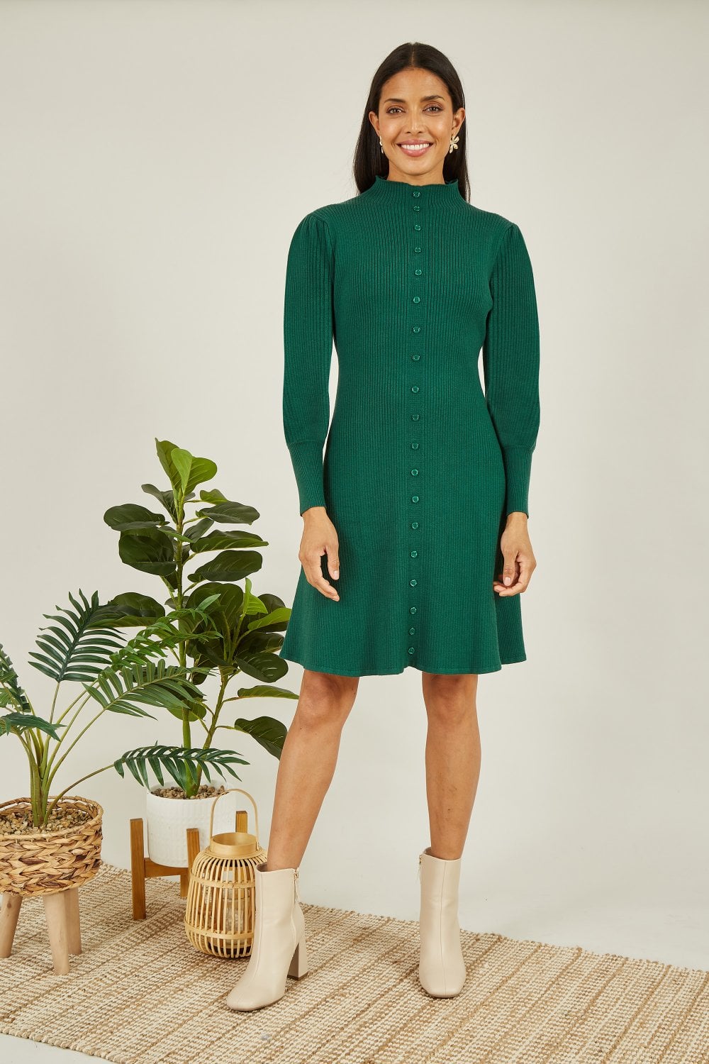 Yumi Green Knitted Button Up Midi Dress With Balloon Sleeves Yumi