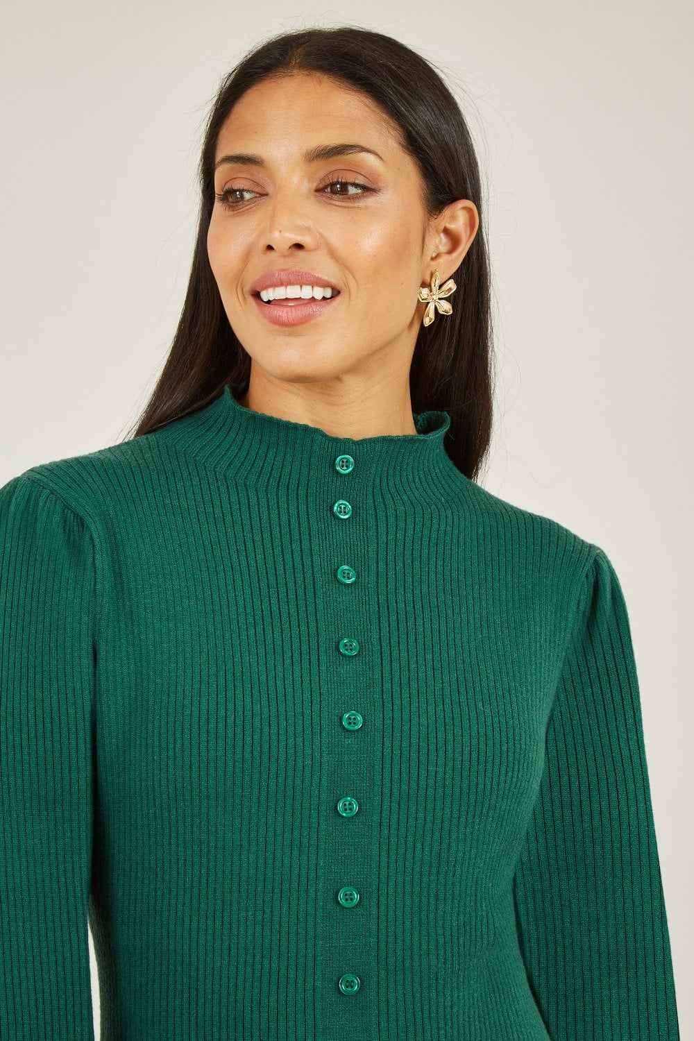 Yumi Green Knitted Button Up Midi Dress With Balloon Sleeves Yumi