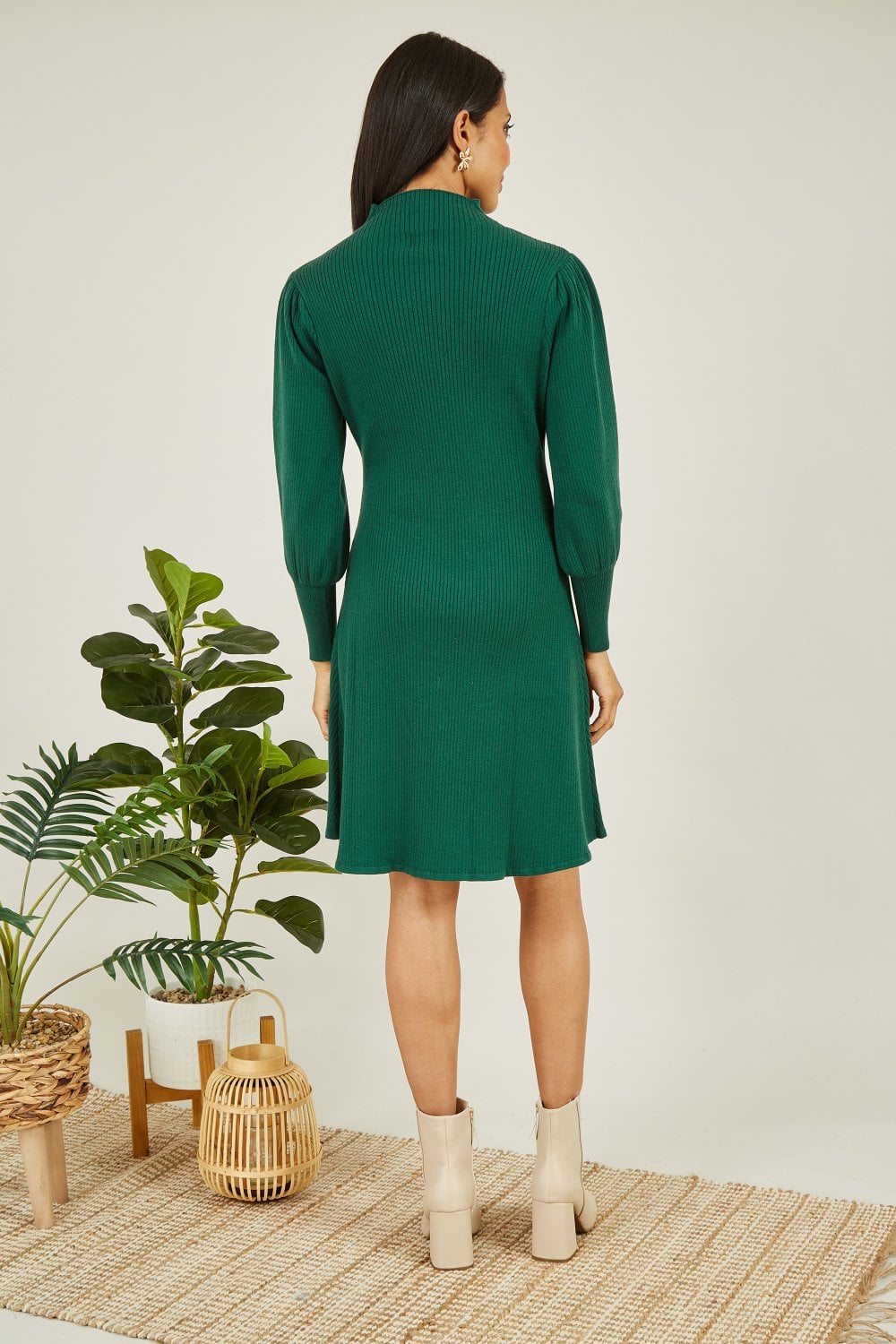 Yumi Green Knitted Button Up Midi Dress With Balloon Sleeves Yumi