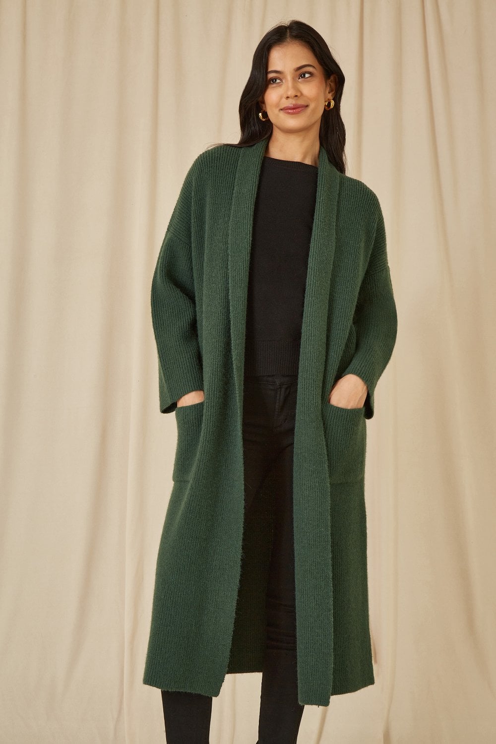 Yumi Green Knitted Maxi Cardigan With Pockets Yumi