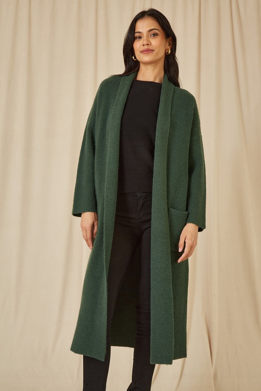 Yumi Green Knitted Maxi Cardigan With Pockets Yumi