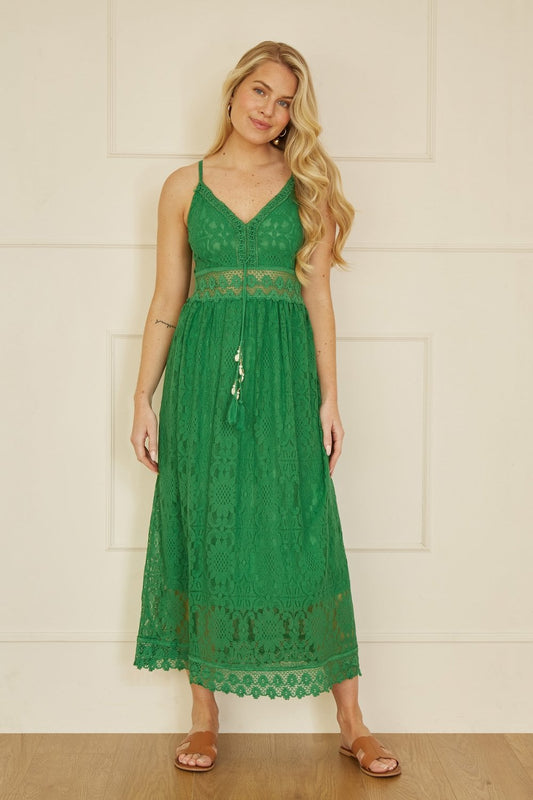 Yumi Green Lace Midi Sundress With Tassel Tie and Ruched Back Yumi