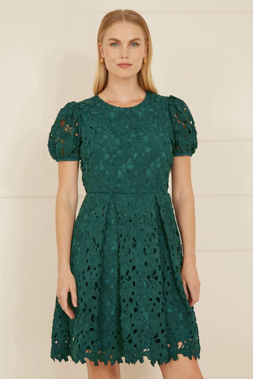 Yumi Green Lace Skater Dress With Puff Sleeves Yumi