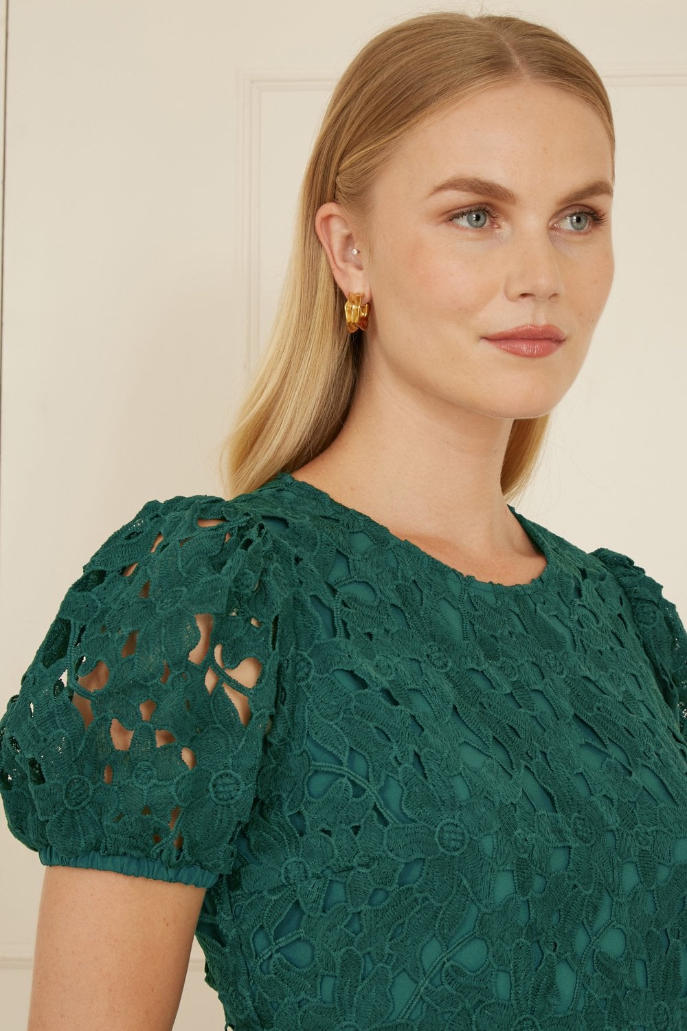 Yumi Green Lace Skater Dress With Puff Sleeves Yumi