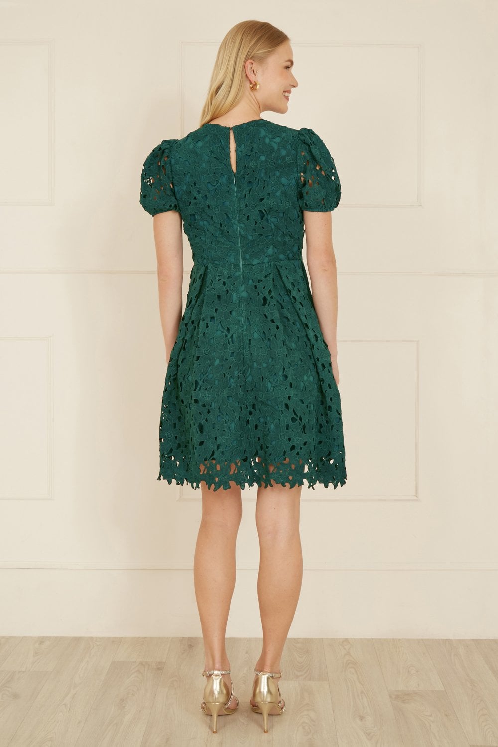 Yumi Green Lace Skater Dress With Puff Sleeves Yumi