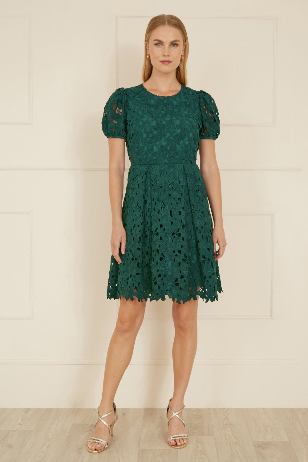 Yumi Green Lace Skater Dress With Puff Sleeves Yumi