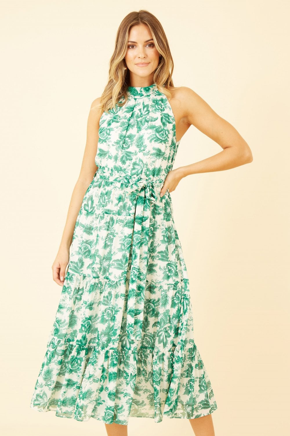 Yumi Green Leaf Print Halter Neck Midi Dress Yumi