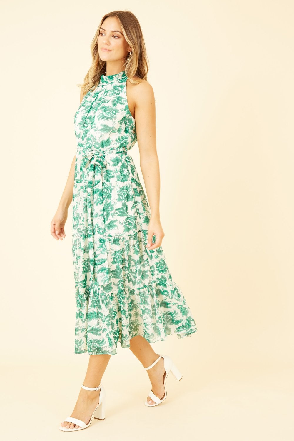 Yumi Green Leaf Print Halter Neck Midi Dress Yumi