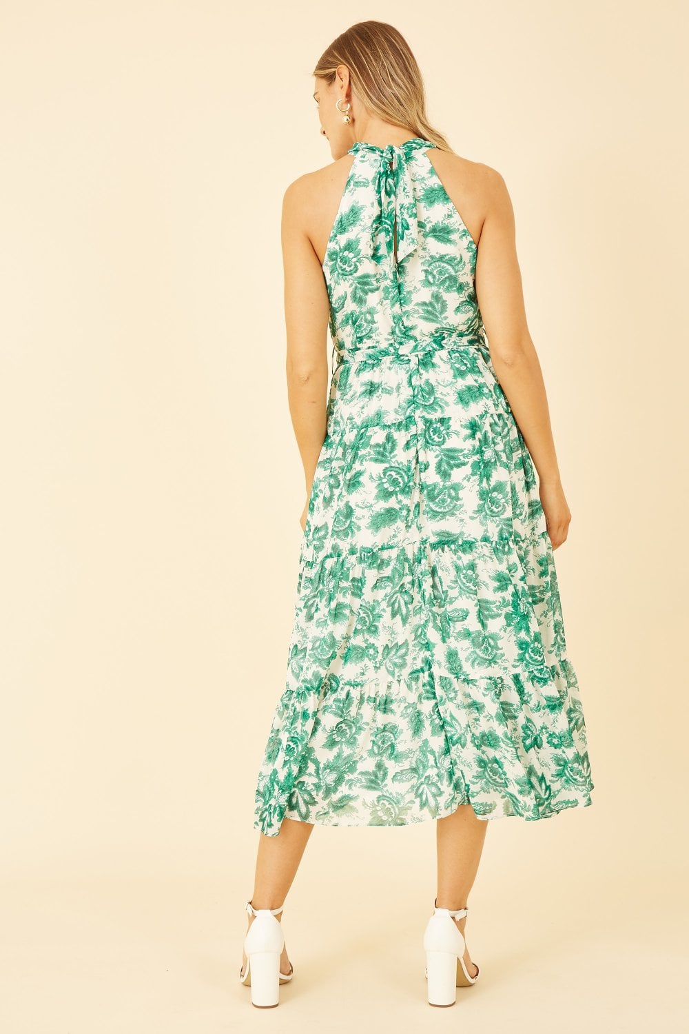 Yumi Green Leaf Print Halter Neck Midi Dress Yumi