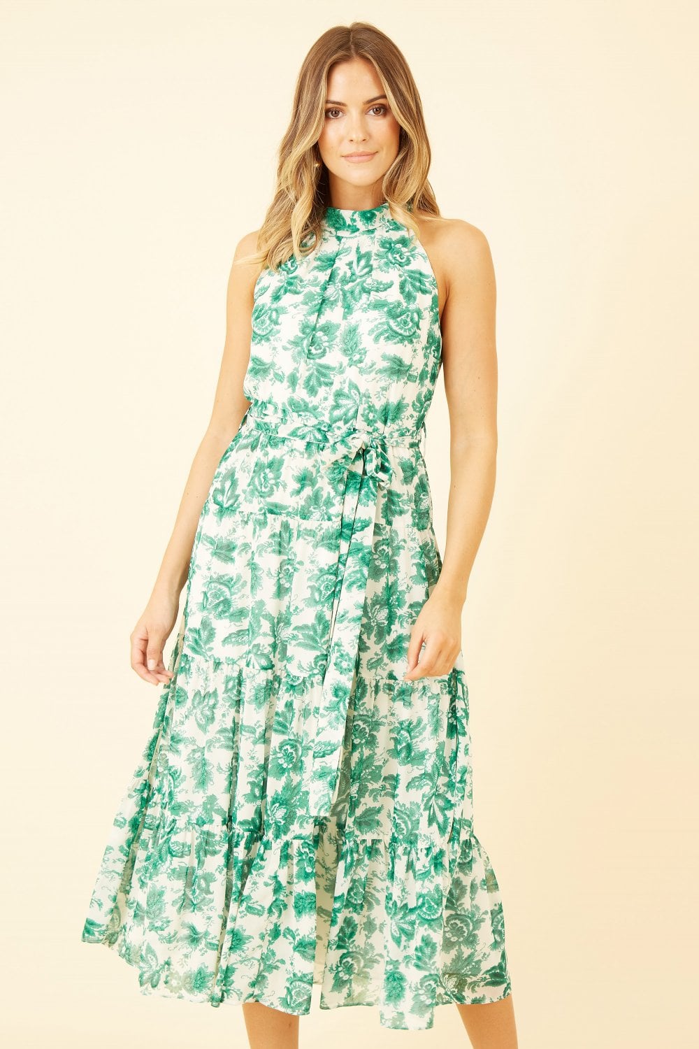 Yumi Green Leaf Print Halter Neck Midi Dress Yumi