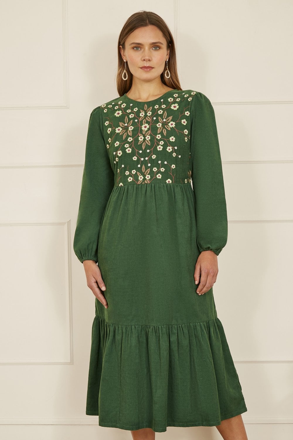 Yumi Green Long Sleeve Midi Dress With Floral Embroidery Bodice Yumi