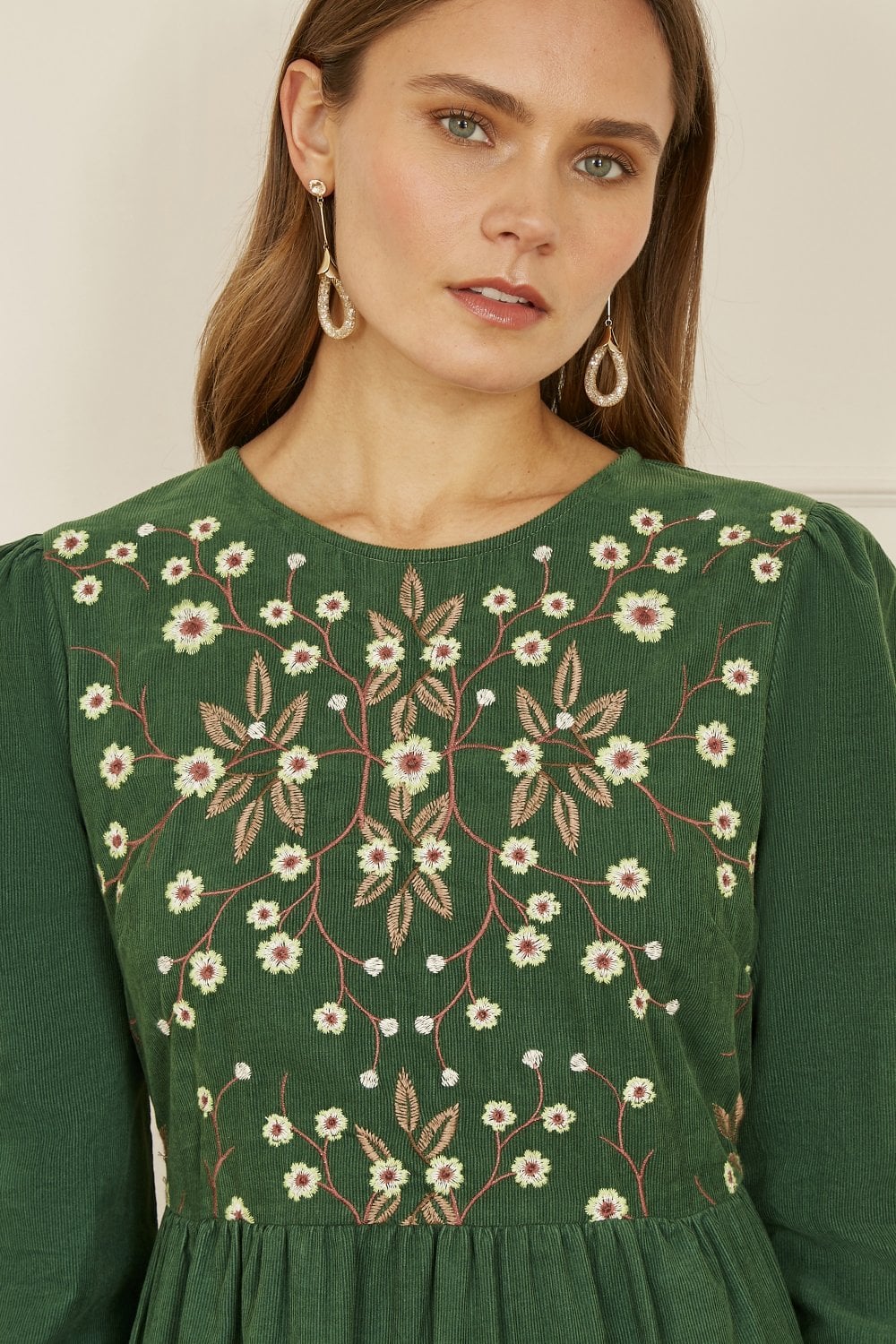 Yumi Green Long Sleeve Midi Dress With Floral Embroidery Bodice Yumi