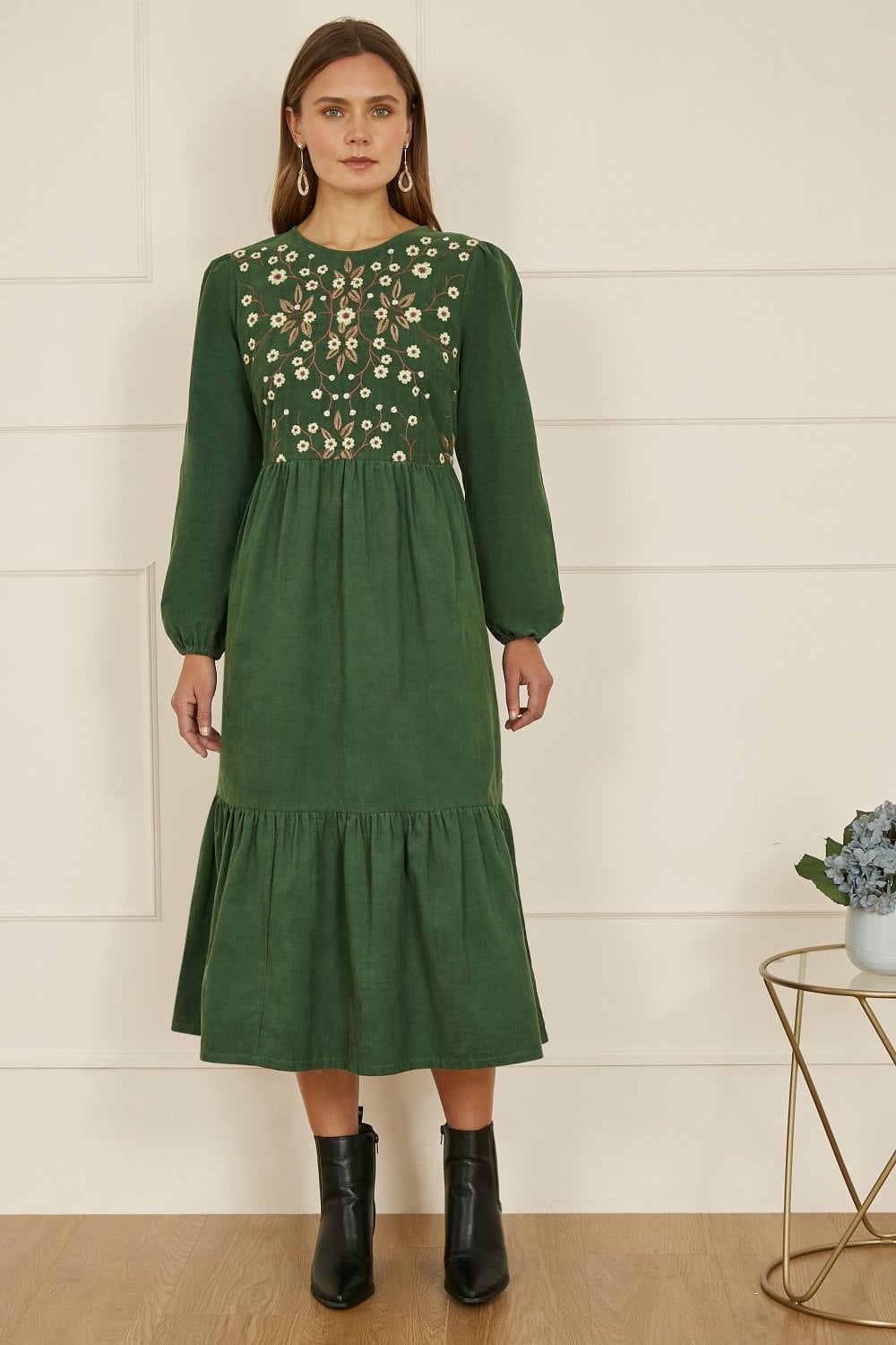 Yumi Green Long Sleeve Midi Dress With Floral Embroidery Bodice Yumi