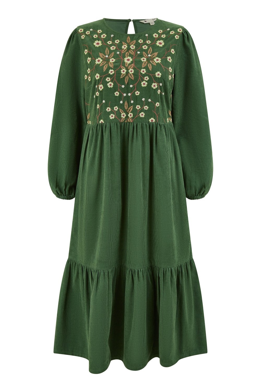 Yumi Green Long Sleeve Midi Dress With Floral Embroidery Bodice Yumi