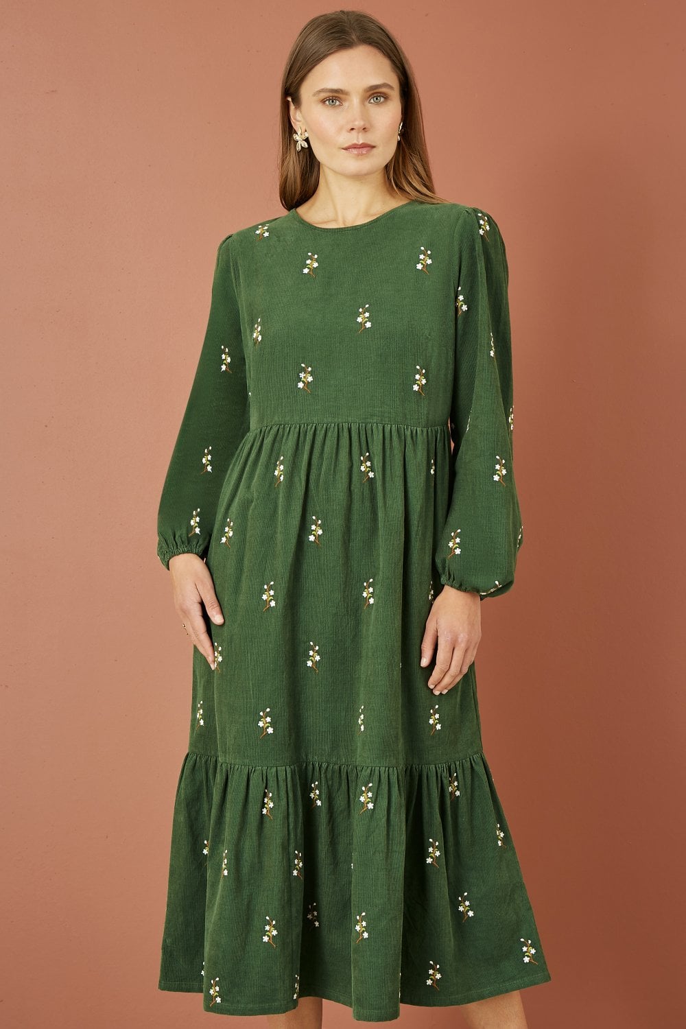 Yumi Green Long Sleeve Midi Dress With Floral Embroidery Yumi