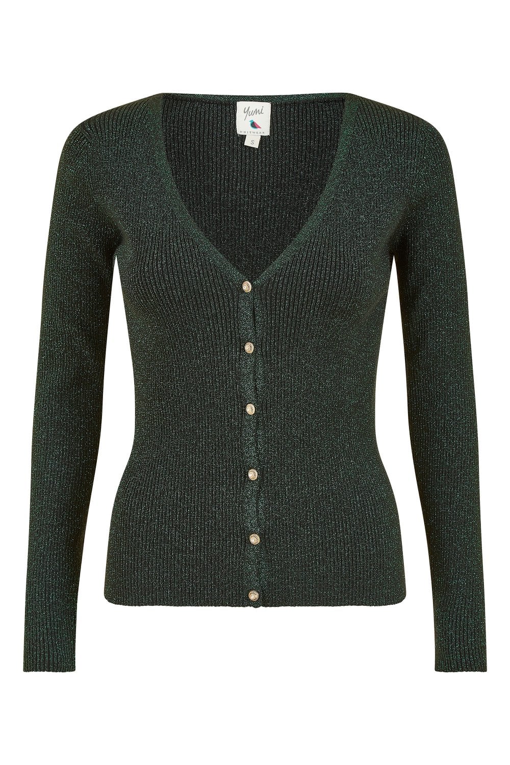 Yumi Green Lurex Sparkle Button Cardigan Yumi