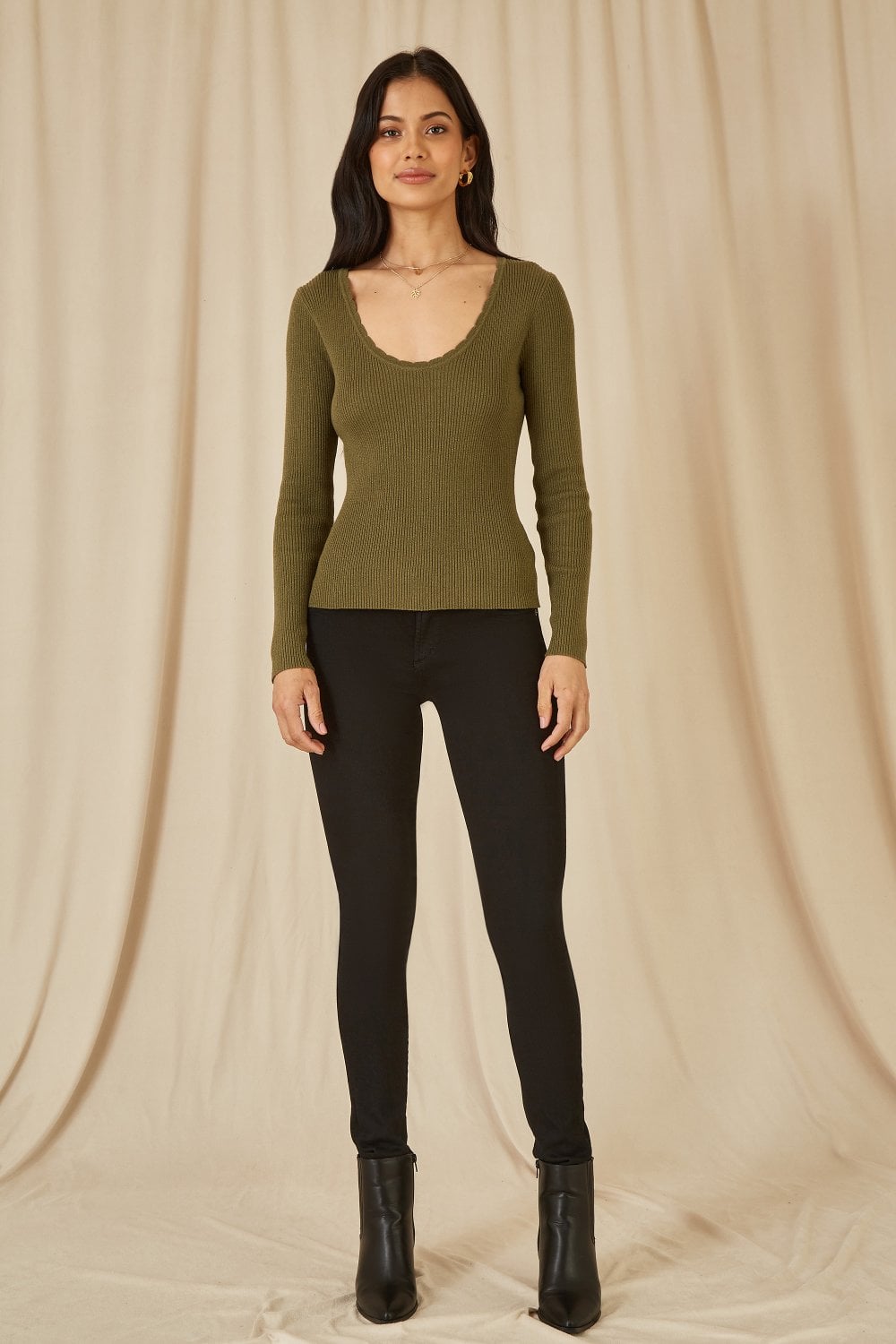 Yumi Green Metallic Knitted Ribbed Top Yumi