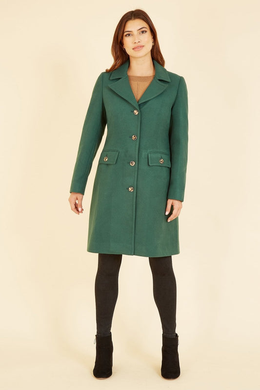 Yumi Green Military Button Through Coat Yumi