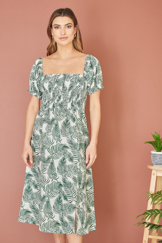 Yumi Green Organic Cotton Palm Print Midi Dress With Side Split Yumi